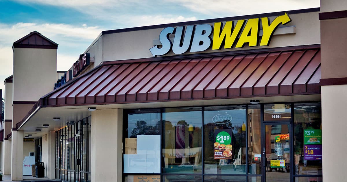 Subway franchise store, with a sign reading "Subway" and the Subway logo displayed prominently.