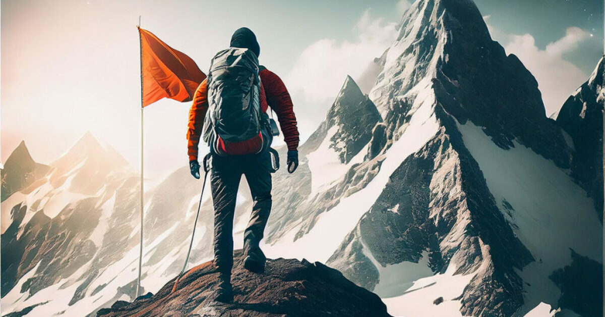 Concept of achieving your goals, mountain climber following path to flag on top of mountain. 