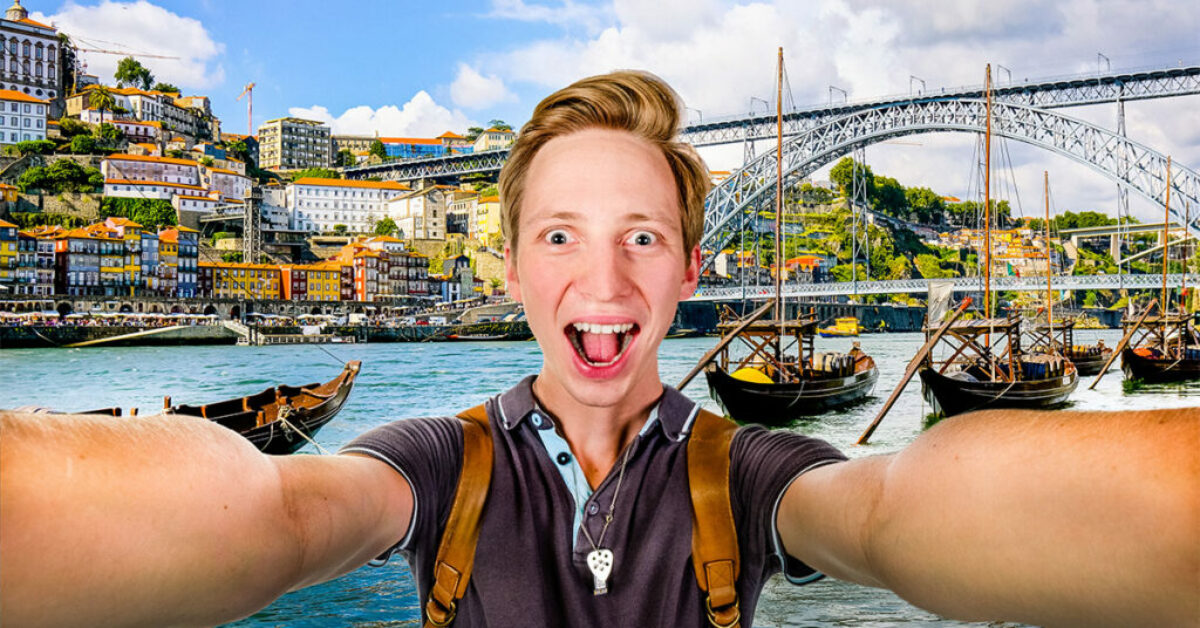 A successful travel blogger taking selfie with other famous tourist locations in background