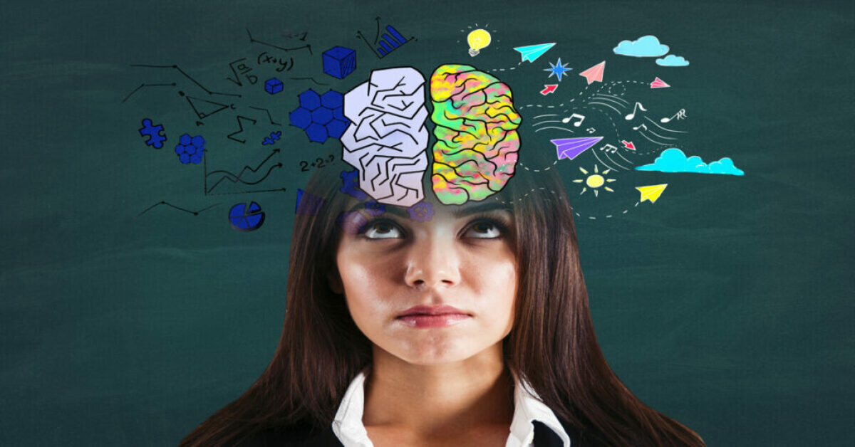 Portrait of pretty young european businesswoman with creative colorful brain sketch portraying how to train brain for optimal performance